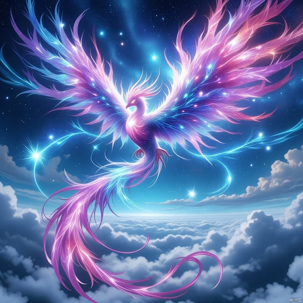 Vibrant phoenix soars through the sky, against a backdrop of cerulean blue and wispy clouds. The majestic bird's plumage shimmers like a celestial canvas, as if containing a kaleidoscope of stars and galaxies within its radiant feathers. Nine long quill-like feathers trailing behind, like a divine banner waving in triumph.,bingdiao,Fenghuang