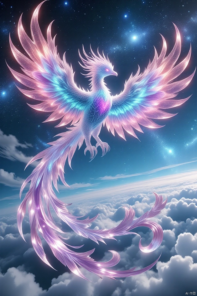 Vibrant phoenix soars through the sky, against a backdrop of cerulean blue and wispy clouds. The majestic bird's plumage shimmers like a celestial canvas, as if containing a kaleidoscope of stars and galaxies within its radiant feathers. Nine long quill-like feathers trailing behind, like a divine banner waving in triumph.,bingdiao,Fenghuang