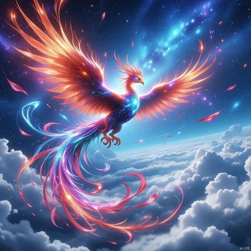 Vibrant phoenix soars through the sky, against a backdrop of cerulean blue and wispy clouds. The majestic bird's plumage shimmers like a celestial canvas, as if containing a kaleidoscope of stars and galaxies within its radiant feathers. Nine long quill-like feathers trailing behind, like a divine banner waving in triumph.,bingdiao,Fenghuang