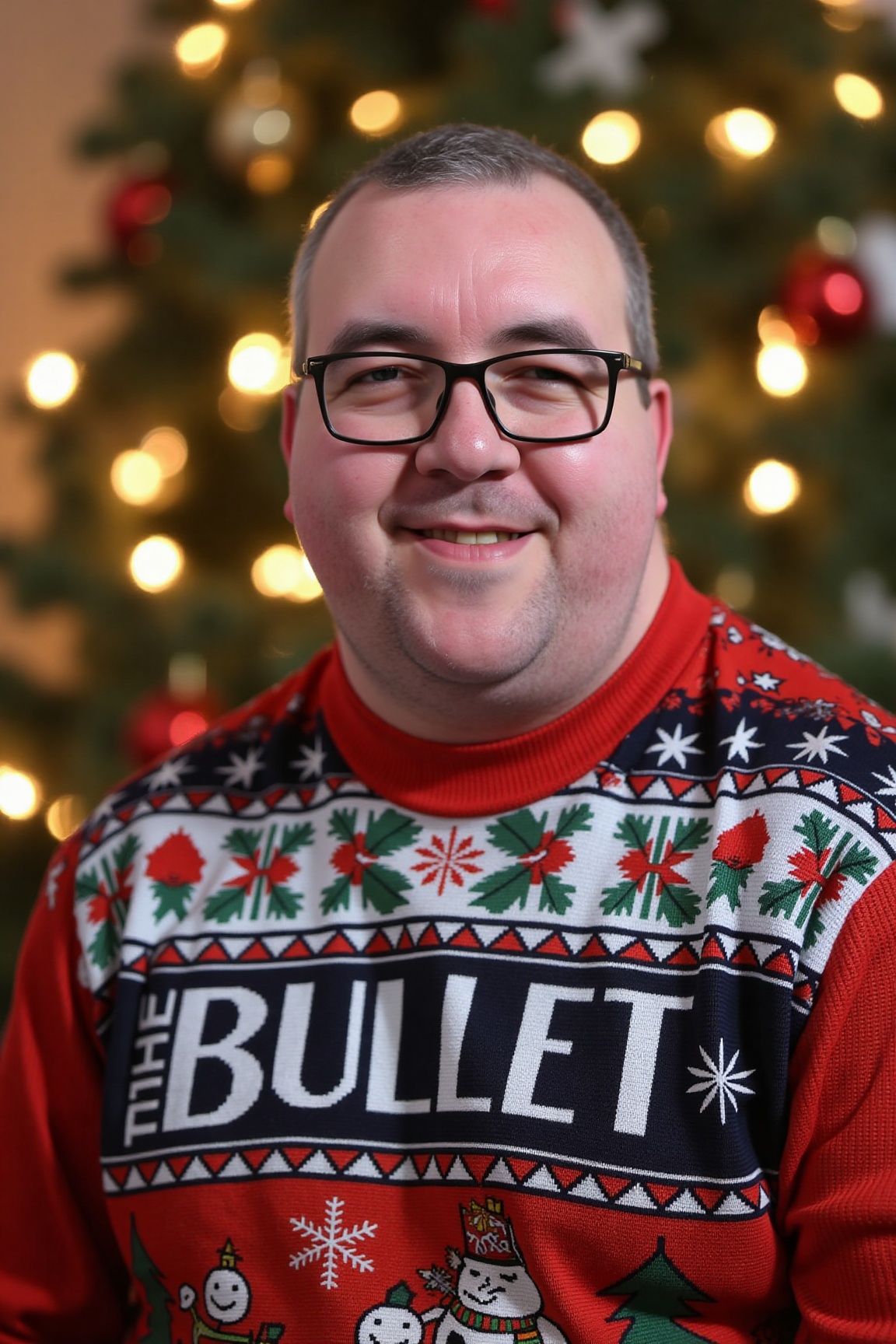 The image is a high-resolution photograph of Stephen Bunting smiling,  without glasses,  and wearing a Christmas themed sw...