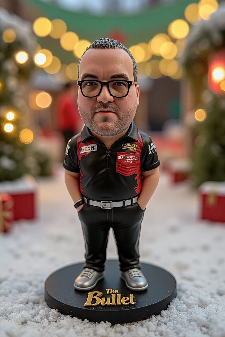 This is a high-resolution photograph of a detailed,  miniature action figure of Stephen Bunting,  standing on a round on T...