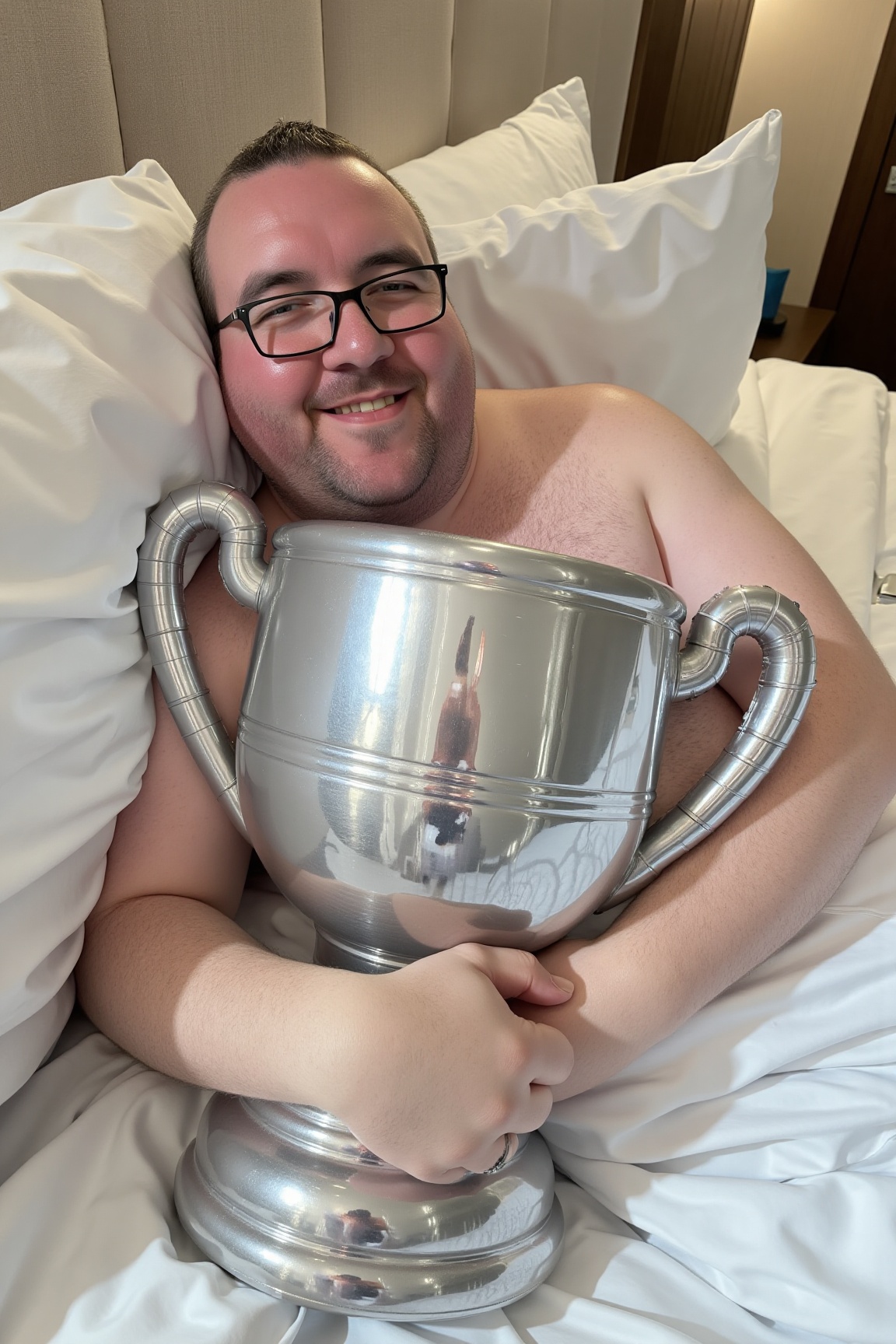 A high-resolution photograph of Stephen Bunting,  a man with glasses laying in a crisp white hotel bed,  hugging a huge in...