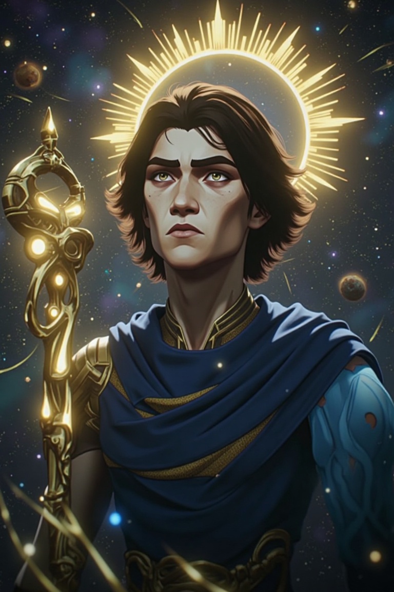 A celestial and godlike male figure floating in an endless cosmic expanse,  depicted with striking features: piercing brow...