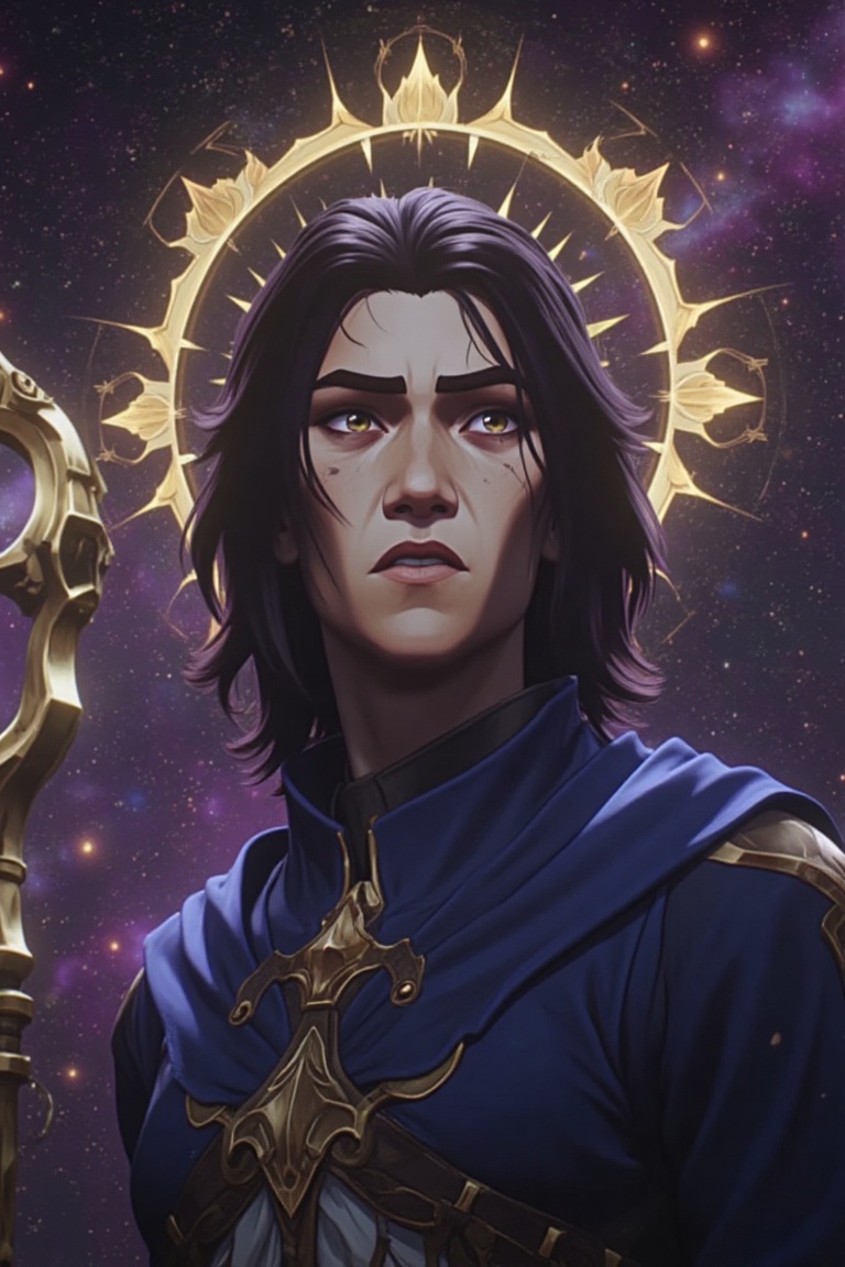 A celestial and godlike figure floating in an endless cosmic expanse,  depicted with striking features: piercing brown eye...