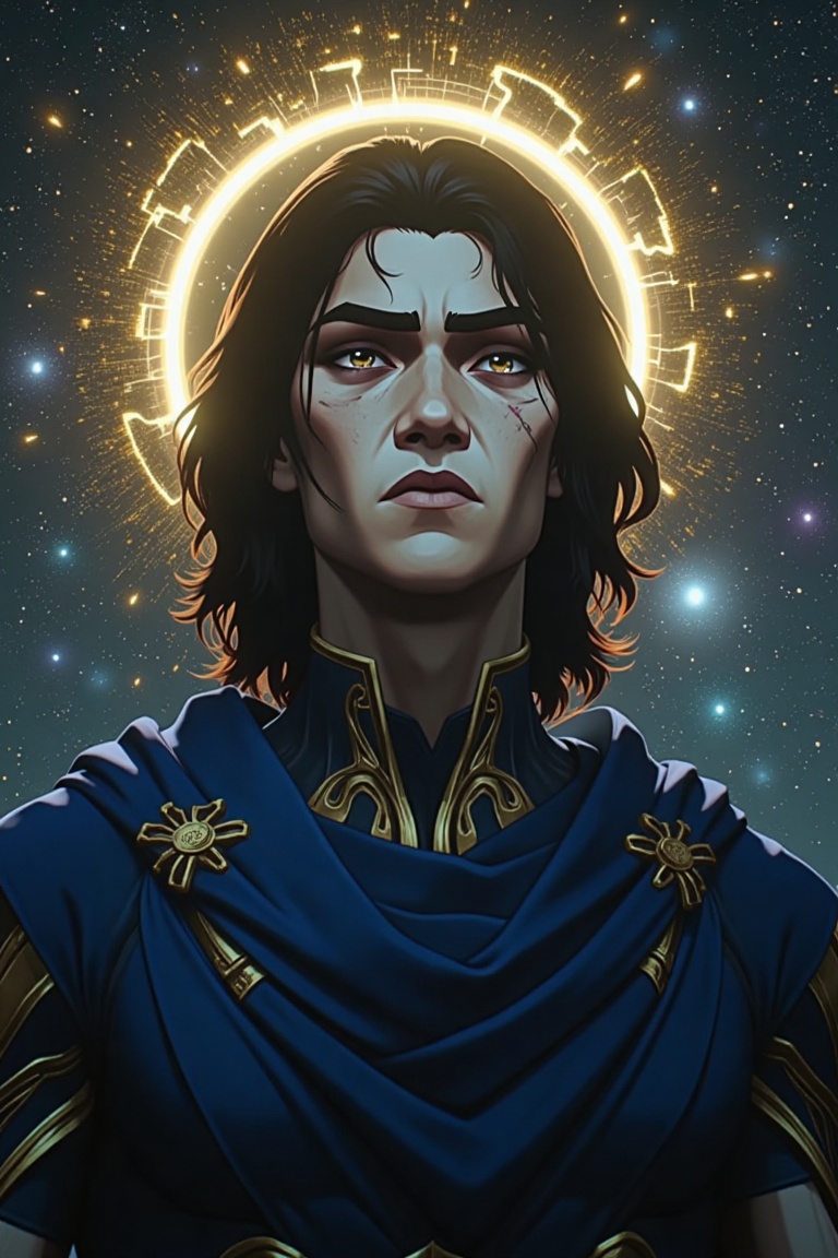 A celestial and godlike male figure floating in an endless cosmic expanse,  depicted with striking features: piercing brow...
