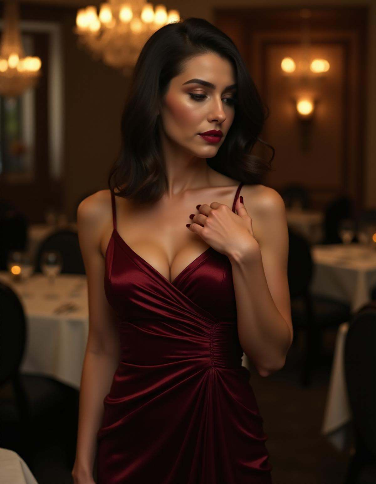 Elegant woman in a formal evening gown accidentally revealing a portion of her breast in a luxurious restaurant,  high fas...
