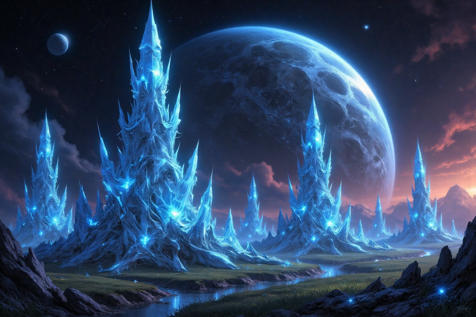 A field of floating,  crystalline spires,  each emitting a low on Tensor.Art