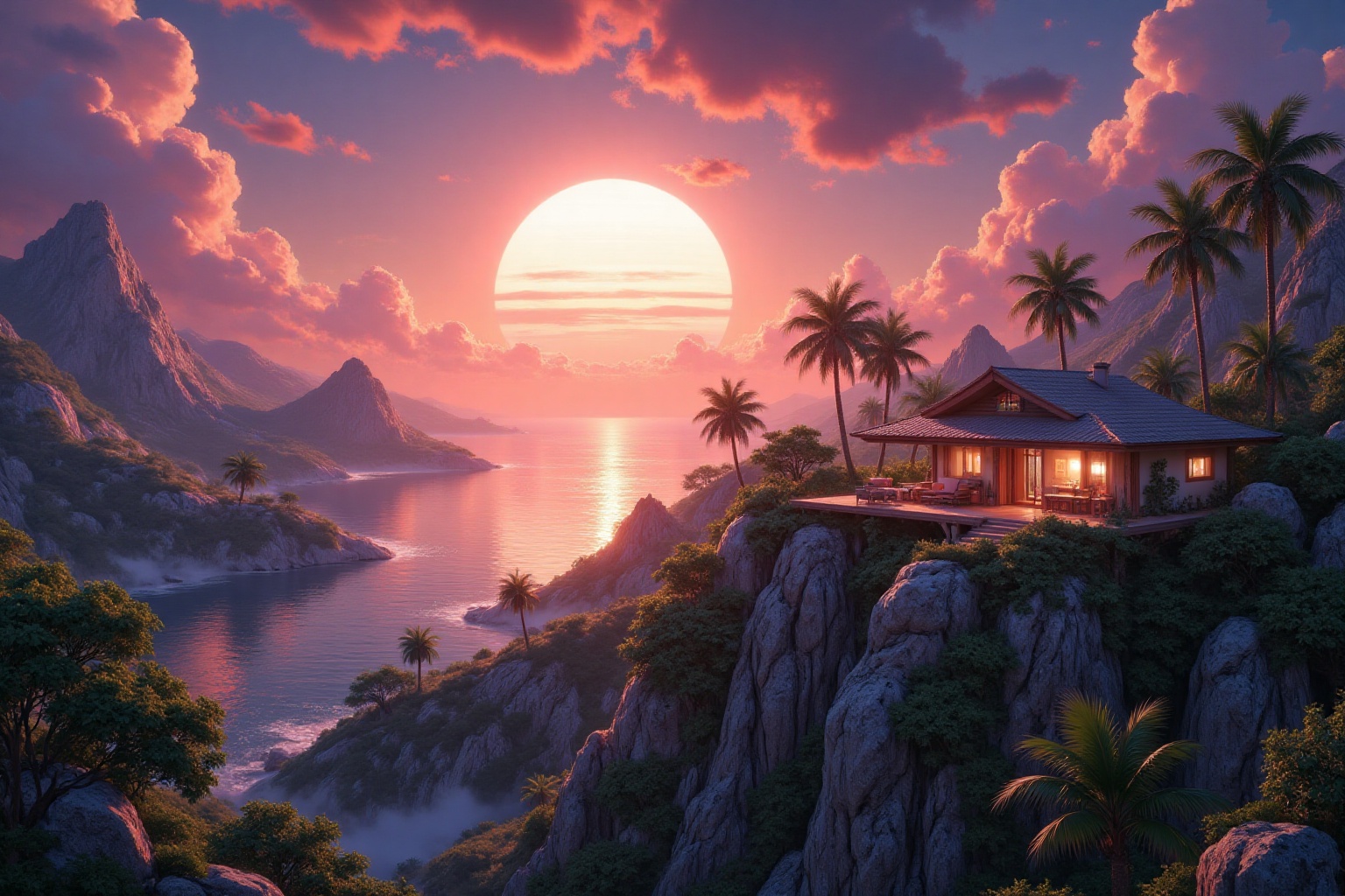 astroflux_v101,  | digital render of a sunset view of a mysterious wide and big island view from the sky,  a home placed i...