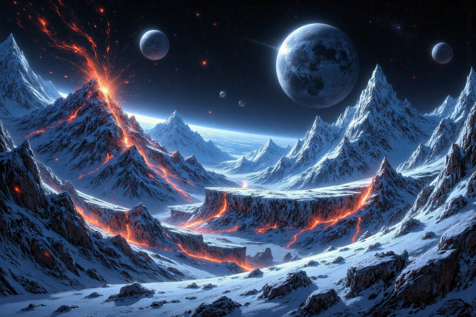 Comic style fusion,  landscape of a glacial planet with lava volcanoes,  the planet has an asteroid belt and several moons...