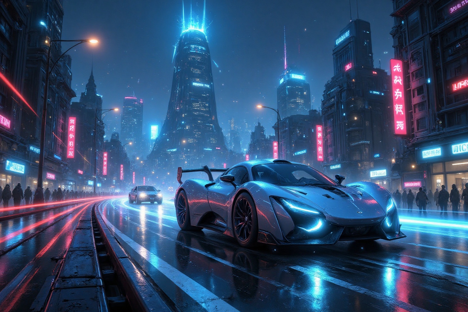 A futuristic metropolis rises from the smog-filled horizon,  neon-lit skyscrapers piercing the dark sky like shards of gla...