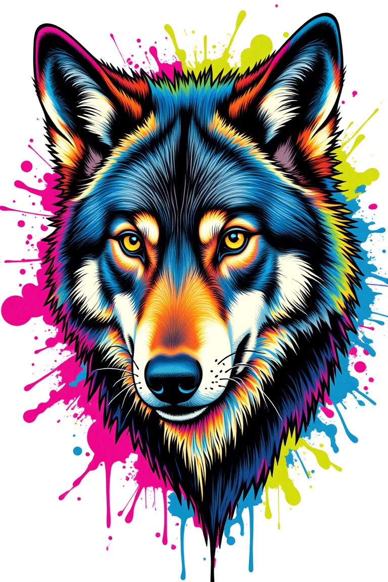 Pop color sketch style illustration of a wolf face,  captured in a close-up shot. The wolf's features are bold and express...