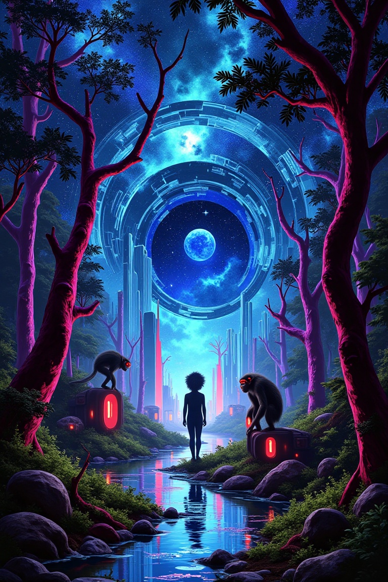 Painting sketch style,  depicting a cyberpunk jungle where a lone figure walks among underbrush,  reflected in shattered m...