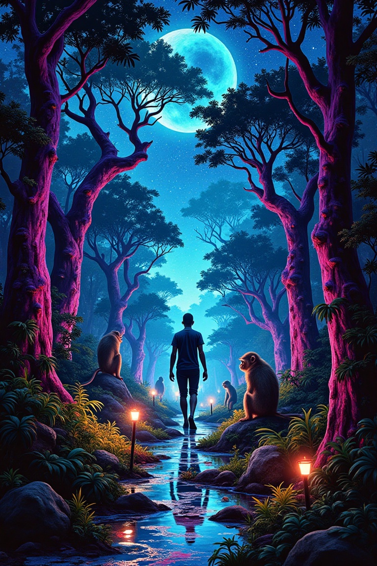Painting sketch style,  depicting a cyberpunk jungle where a lone figure walks among underbrush,  reflected in shattered m...