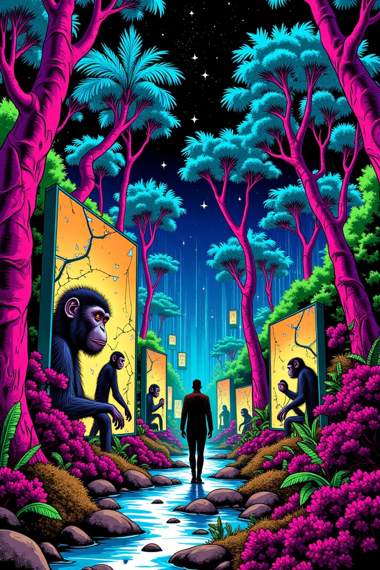 Color pop sketch style illustration of a cyberpunk jungle,  where a lone figure walks among underbrush,  reflected in shat...