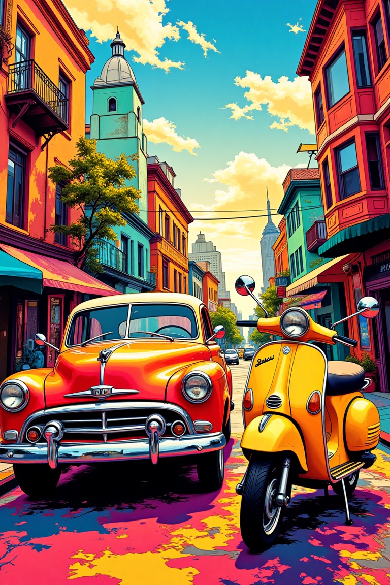Pop color sketch style illustration of a vibrant city street scene,  featuring an old car and a Vespa parked side by side....