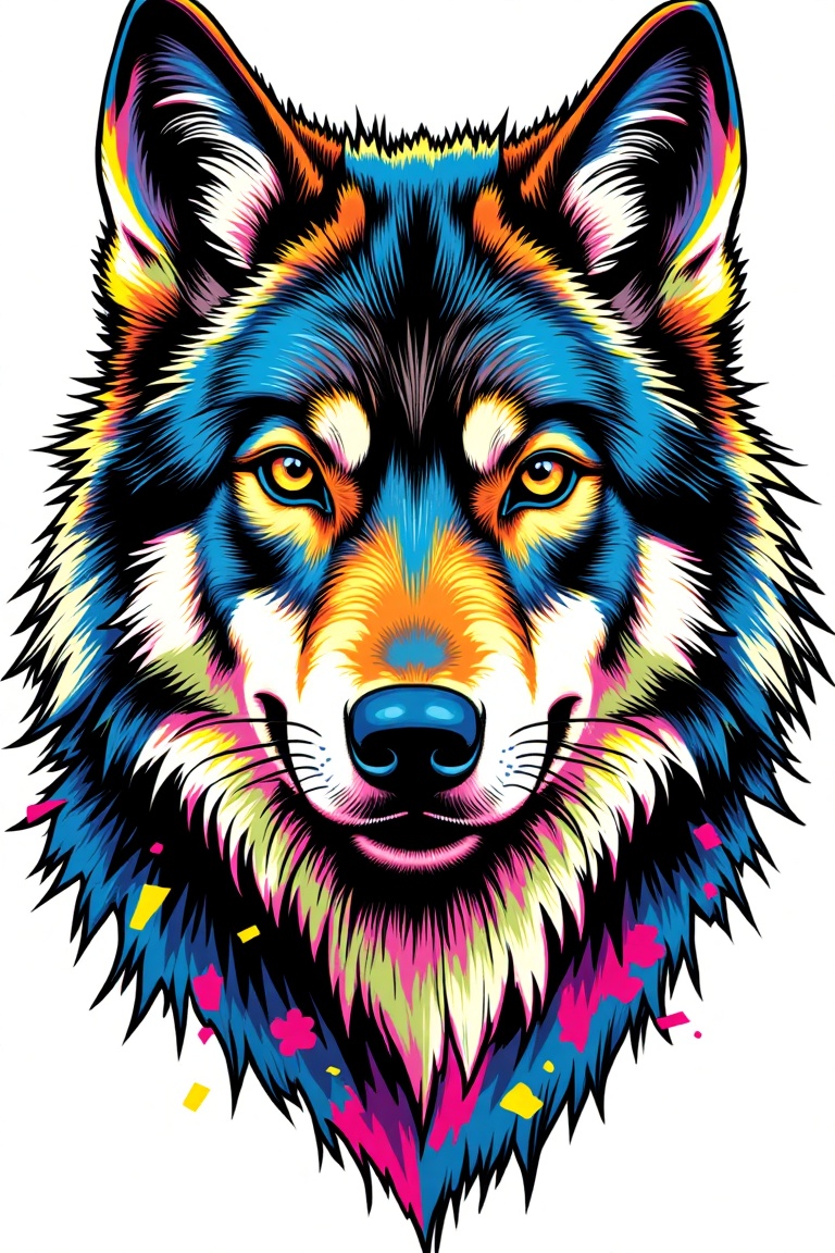 Pop color sketch style illustration of a wolf face,  captured in a close-up shot. The wolf's features are bold and express...