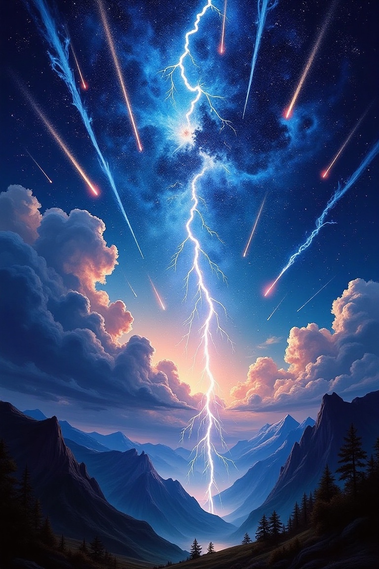 Epic painting of a meteor shower illuminating the night sky,  with jagged lightning bolts striking the earth below. The sc...