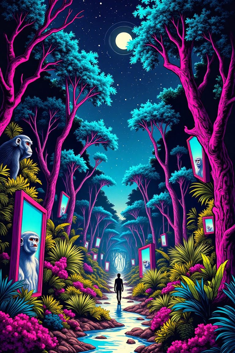 Color pop sketch style illustration of a cyberpunk jungle,  where a lone figure walks among underbrush,  reflected in shat...