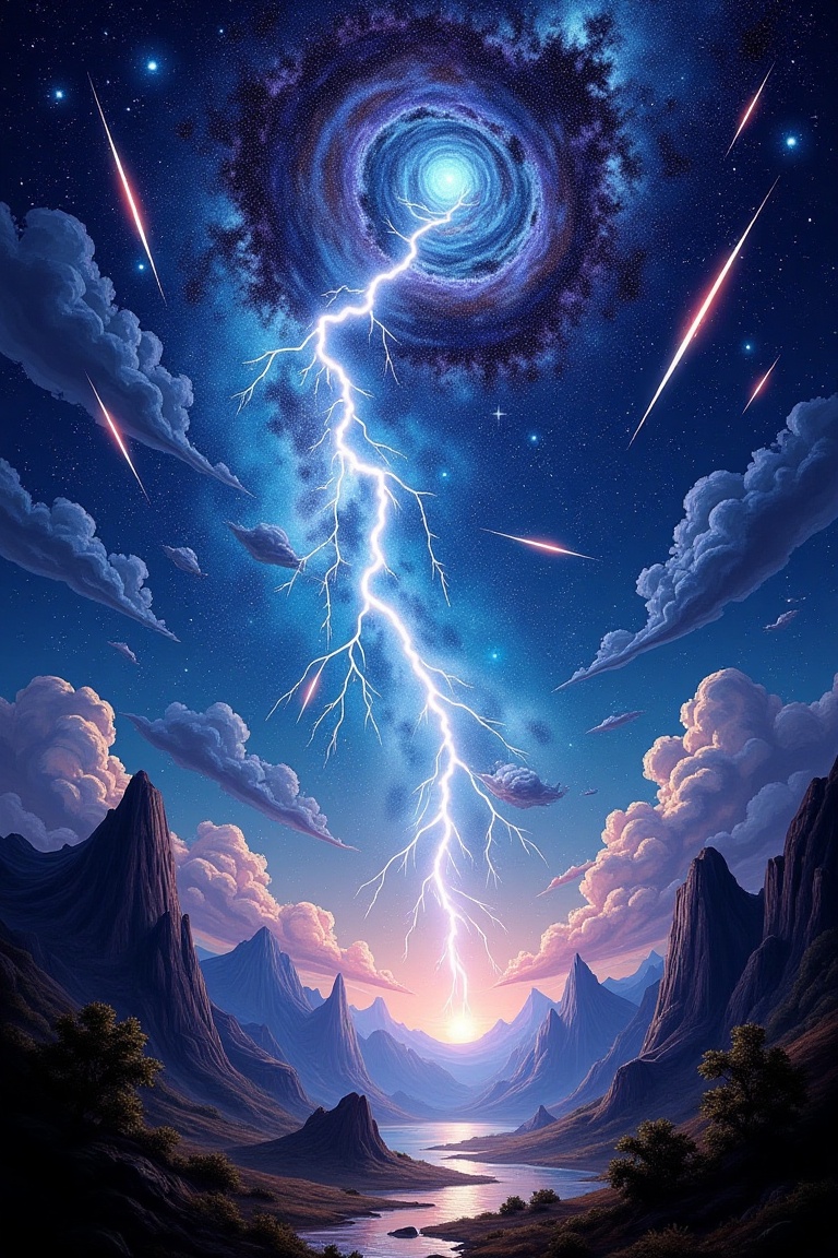 Epic painting of a meteor shower illuminating the night sky,  with jagged lightning bolts striking the earth below. The sc...