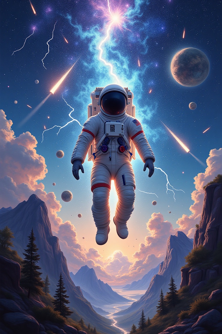 A surreal painting of an astronaut floating in the sky,  surrounded by a meteor shower and lightning bolts. The scene is f...