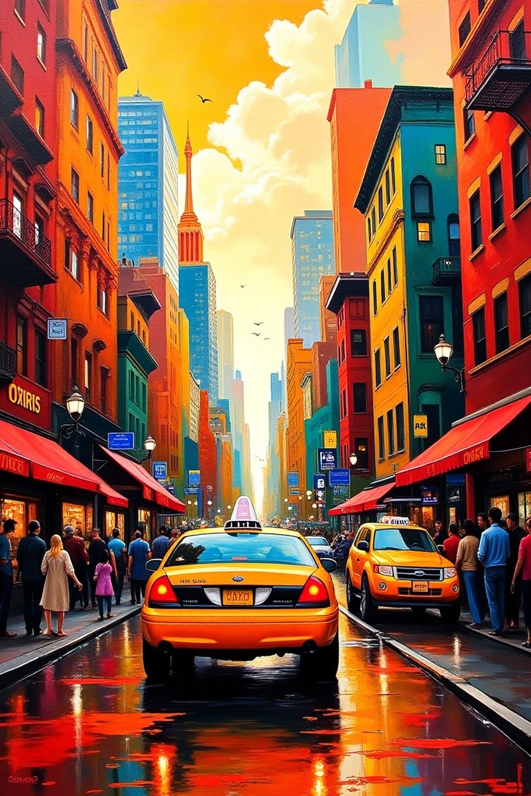 Epic painting art,  captured at eye-level on a vibrant day,  depicting a full view of a busy city street in close-up. A vi...