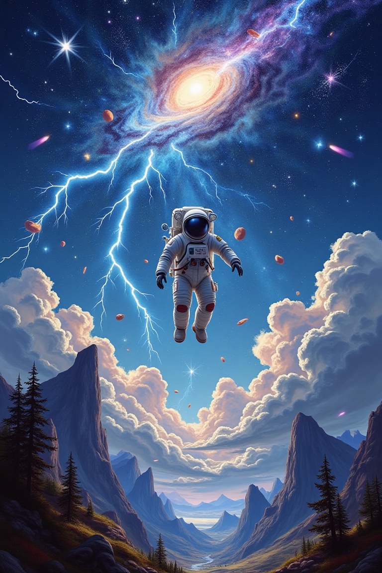 A surreal painting of an astronaut floating in the sky,  surrounded by a meteor shower and lightning bolts. The scene is f...