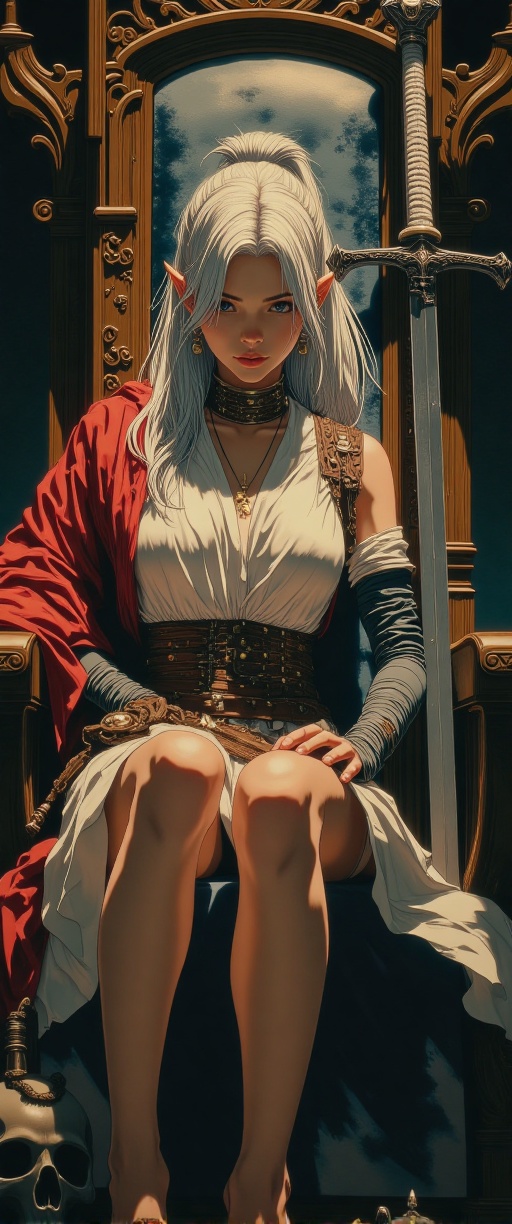 cinematic photo. Image is a digital painting featuring a fantasy-themed scene. The layout is vertical,  focusing on a cent...
