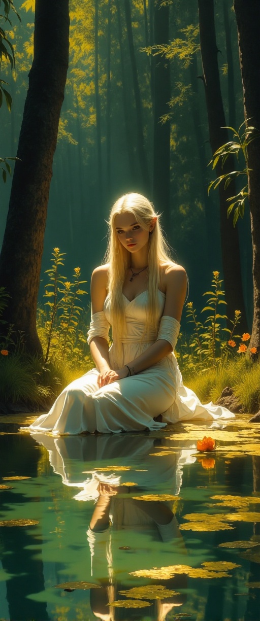 Eir kneels by the serene pond,  her hands delicately resting on its surface as golden ripples spread outward into a tranqu...