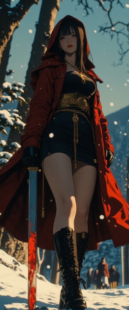 In a cinematic winter wonderland,  a stunning Korean beauty stands resplendent in a short,  tight Red Riding Hood dress an...