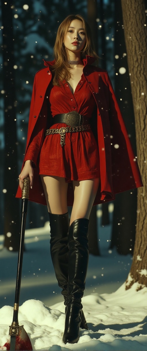 In a cinematic winter wonderland,  a stunning Korean beauty stands resplendent in a short,  tight Red Riding Hood dress an...