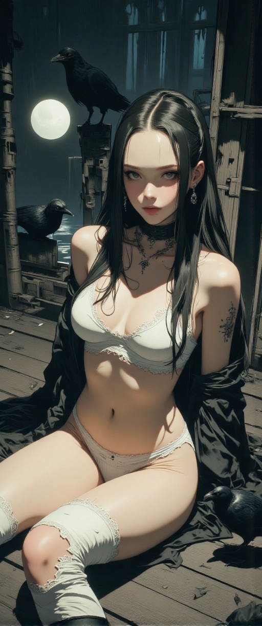 cinematic photo . Create a hyper-realistic depiction of a female mysterious goth girl kneels elegantly,  leaning back with...