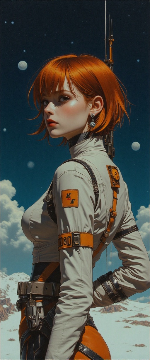 In a cinematica Beautiful cyborg girl in space ranger uniform,  pixie cut,  mixed among the wild ginger hair on Tensor.Art