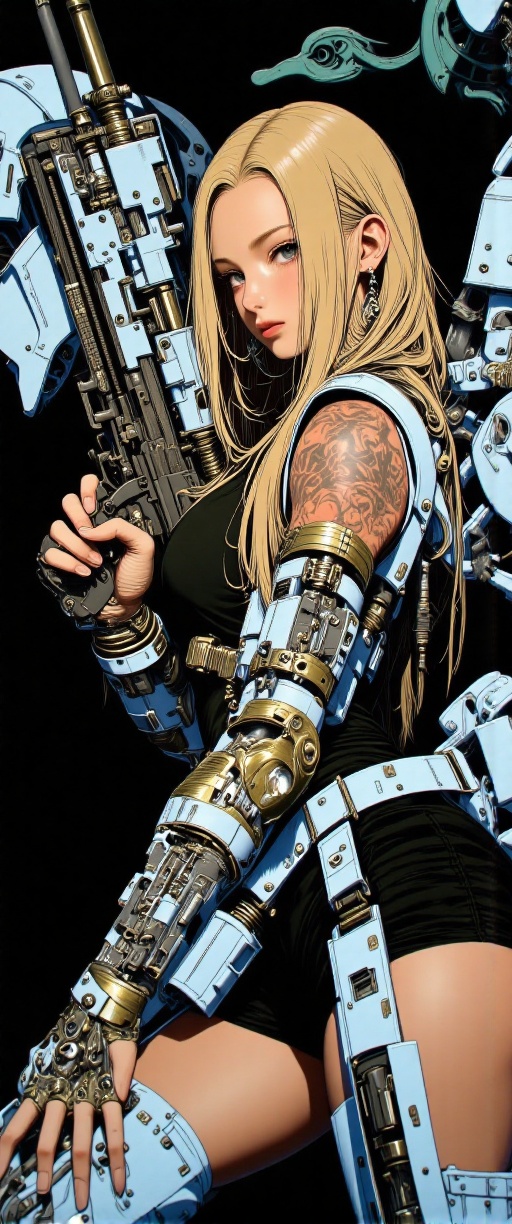 cybernetic female,  holding tactical assault rifle,  tattoo on Tensor.Art