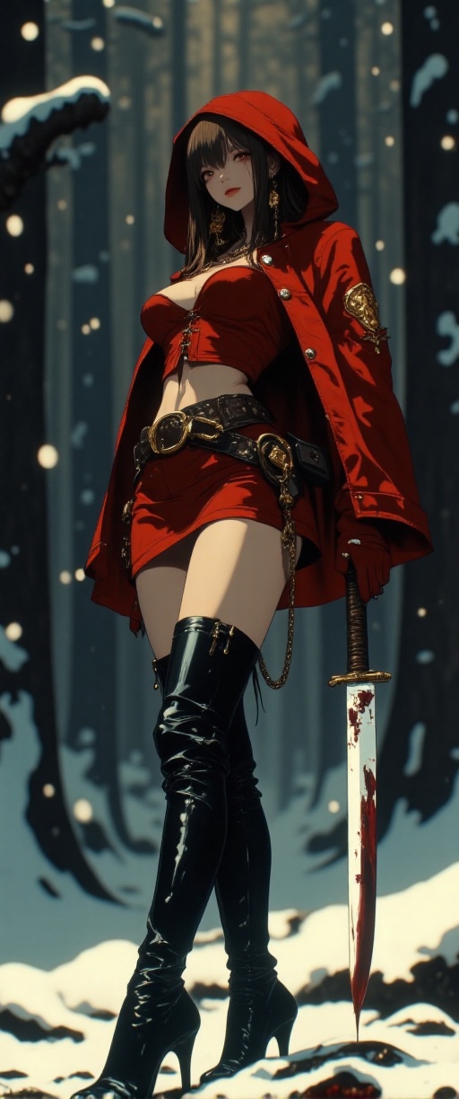 In a cinematic winter wonderland,  a stunning Korean beauty stands resplendent in a short,  tight Red Riding Hood dress an...