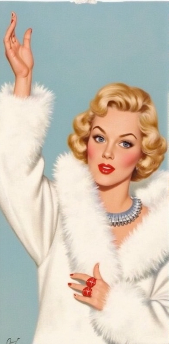 A painting of a woman in a white fur coat. The woman is wearing a silver necklace and a red lipstick. Her left hand is rai...