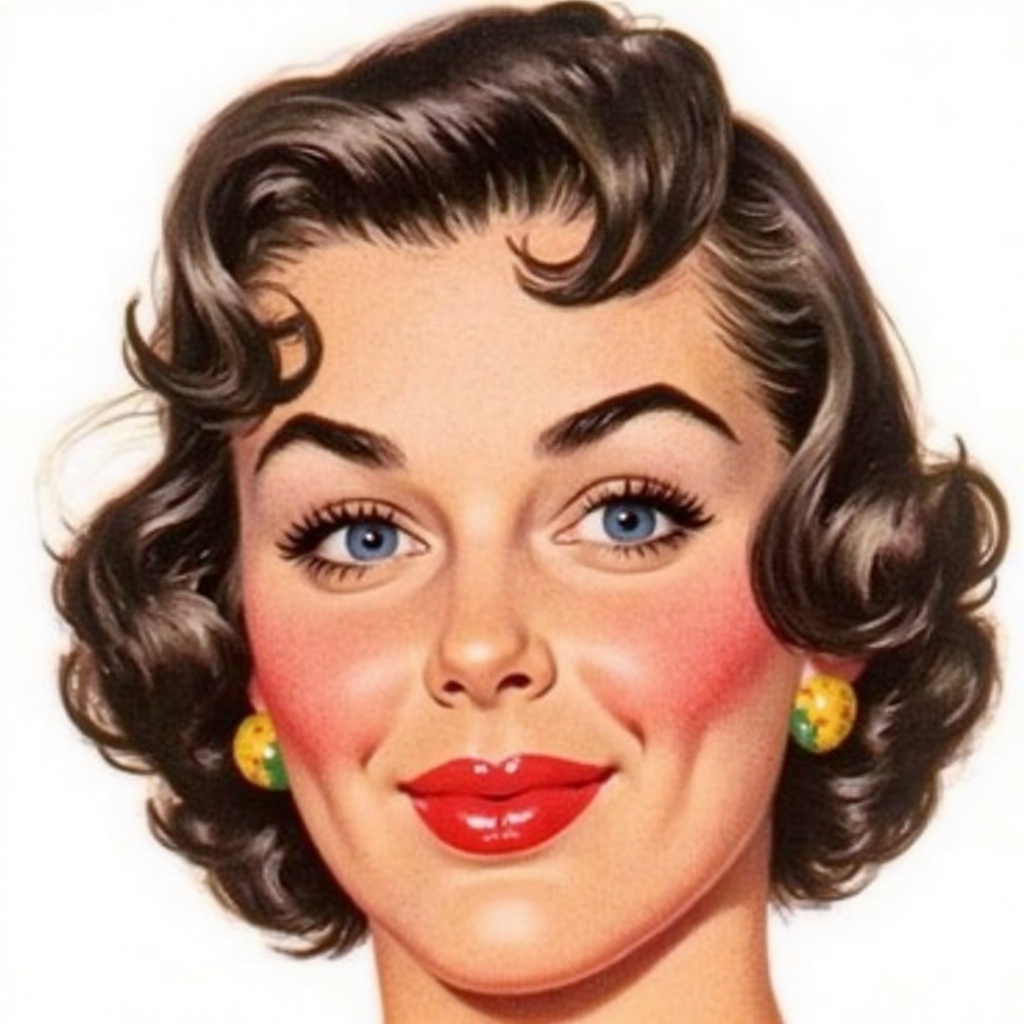 A close-up portrait of a woman's face,  painted in a vibrant red lipstick. The woman's eyes are blue,  and her hair is sty...