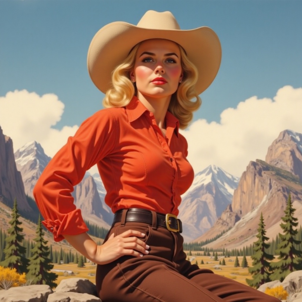 a vibrant animated portrait of a woman in a cowboy hat,  dressed in a red blouse and brown pants. Her blonde hair cascades...