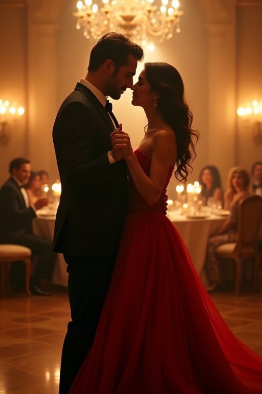 In an elegant ballroom adorned with crystal chandeliers,  a man in a tailored suit and a woman in a flowing red gown share...