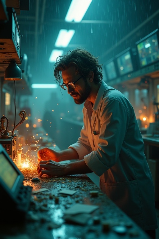 In a darkened laboratory filled with flickering screens and bubbling test tubes,  a rogue scientist with disheveled hair a...