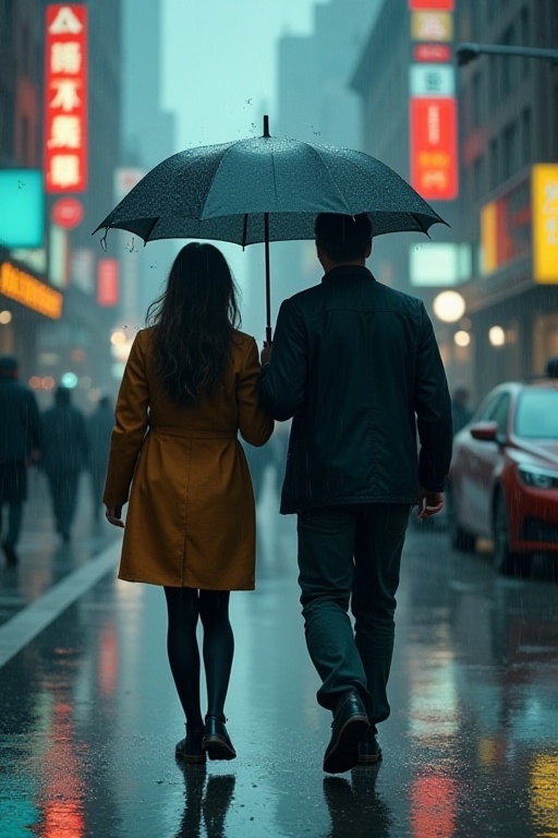 On a bustling city street,  a young woman with an umbrella rushes through the rain,  her heart heavy with memories of a lo...