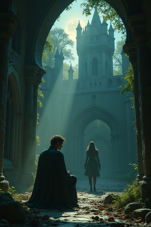 In a grand,  decaying castle overtaken by ivy and shadows,  a cursed prince with hauntingly beautiful features sits alone...