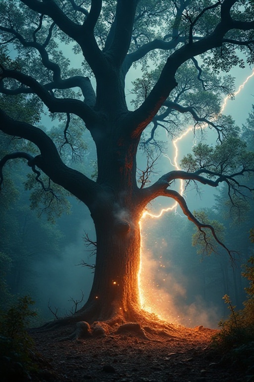 In a stormy forest,  a towering oak tree stands resolute against the darkening sky,  its gnarled branches reaching out lik...