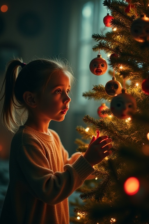 In a dimly lit living room,  a young girl with wide,  frightened eyes stares at a beautifully decorated Christmas tree tha...