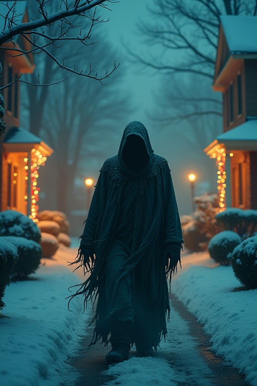 In a quaint suburban neighborhood,  a shadowy figure draped in tattered Christmas garb haunts the streets at midnight. The...