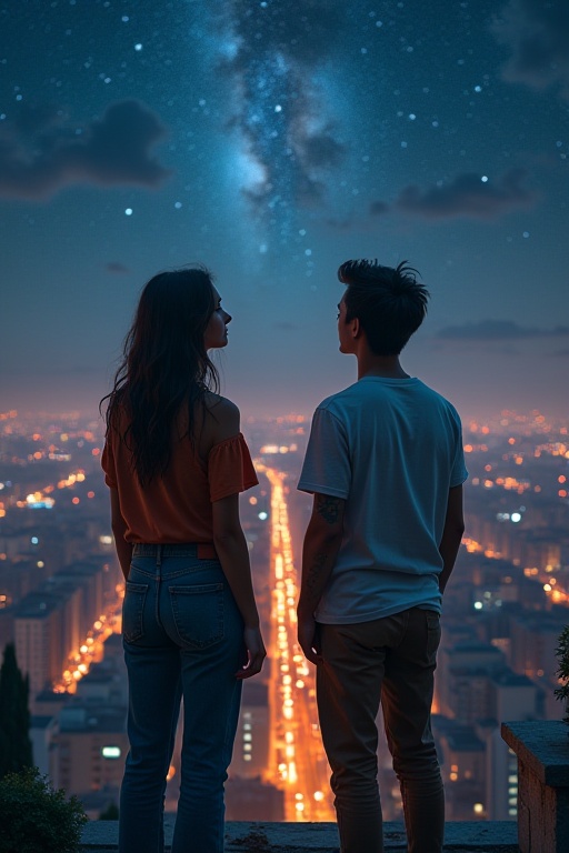On a rooftop overlooking a bustling city,  a young artist with paint-splattered hands and a free spirit gazes up at the ni...