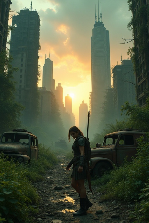 Amidst the ruins of a once-thriving city,  a lone survivor clad in scavenged armor navigates through crumbling skyscrapers...