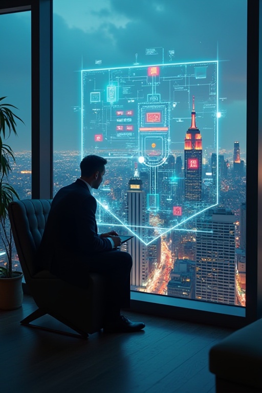 In a luxurious penthouse overlooking the city,  a master thief with a charming smile and sharp intellect studies a high-te...