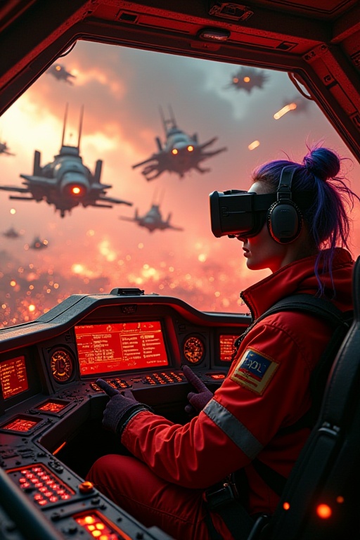 Inside a massive,  futuristic cockpit,  a skilled mech pilot with vibrant hair and augmented reality goggles prepares for...