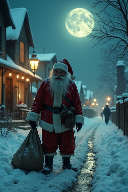 In a snow-covered village,  a disheveled Santa Claus with hollow eyes and a tattered red suit lingers by a flickering stre...