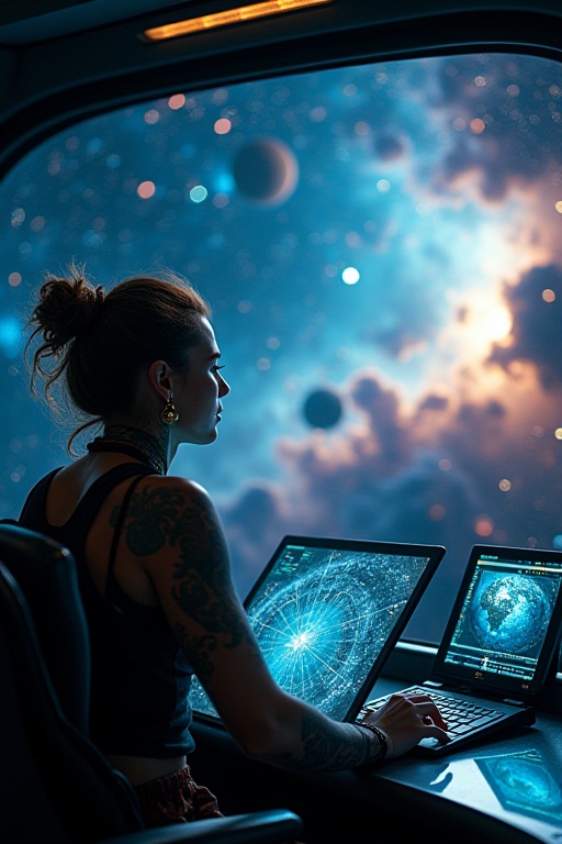 In a sleek starship gliding through the shimmering expanse of a nebula,  a passionate stellar cartographer with tousled ha...